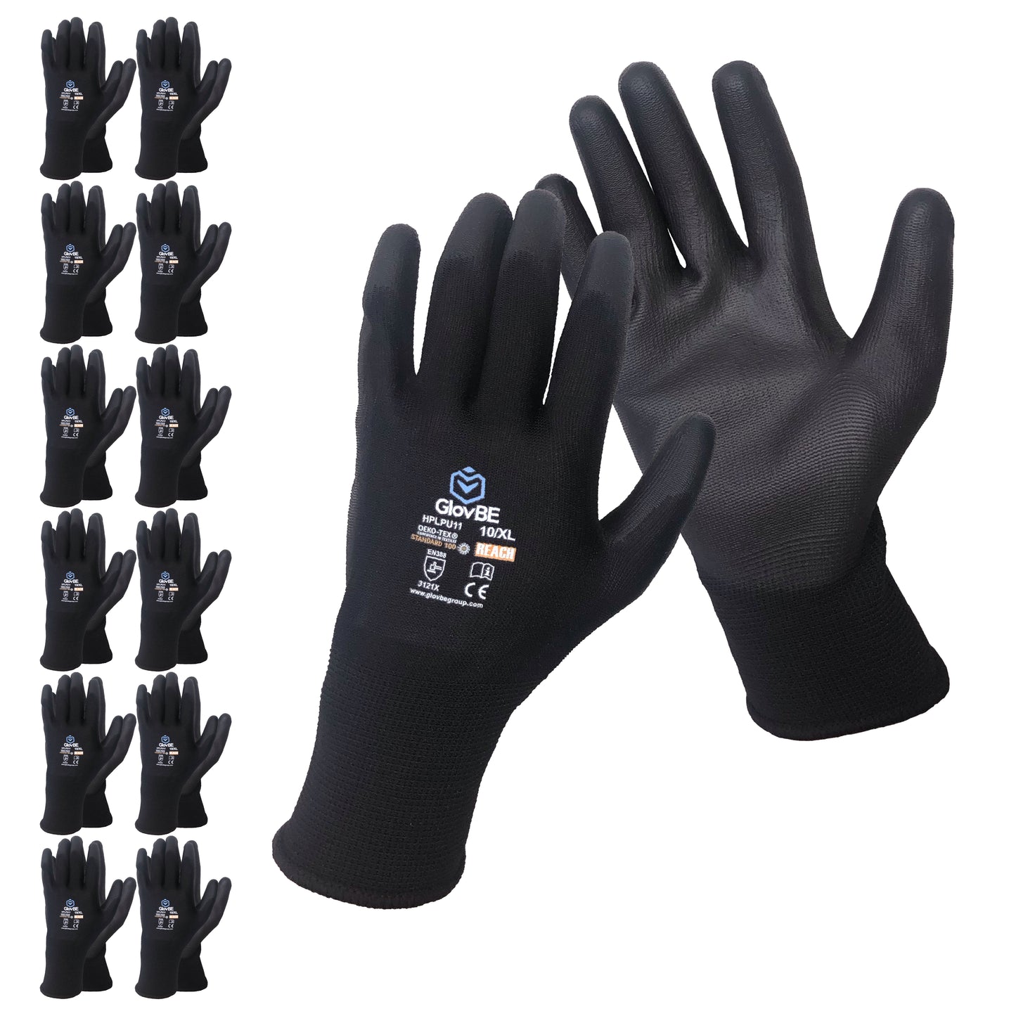 GlovBE 12 Pairs Polyester Work Gloves, Polyurethane (PU) Coated, Grey/Black