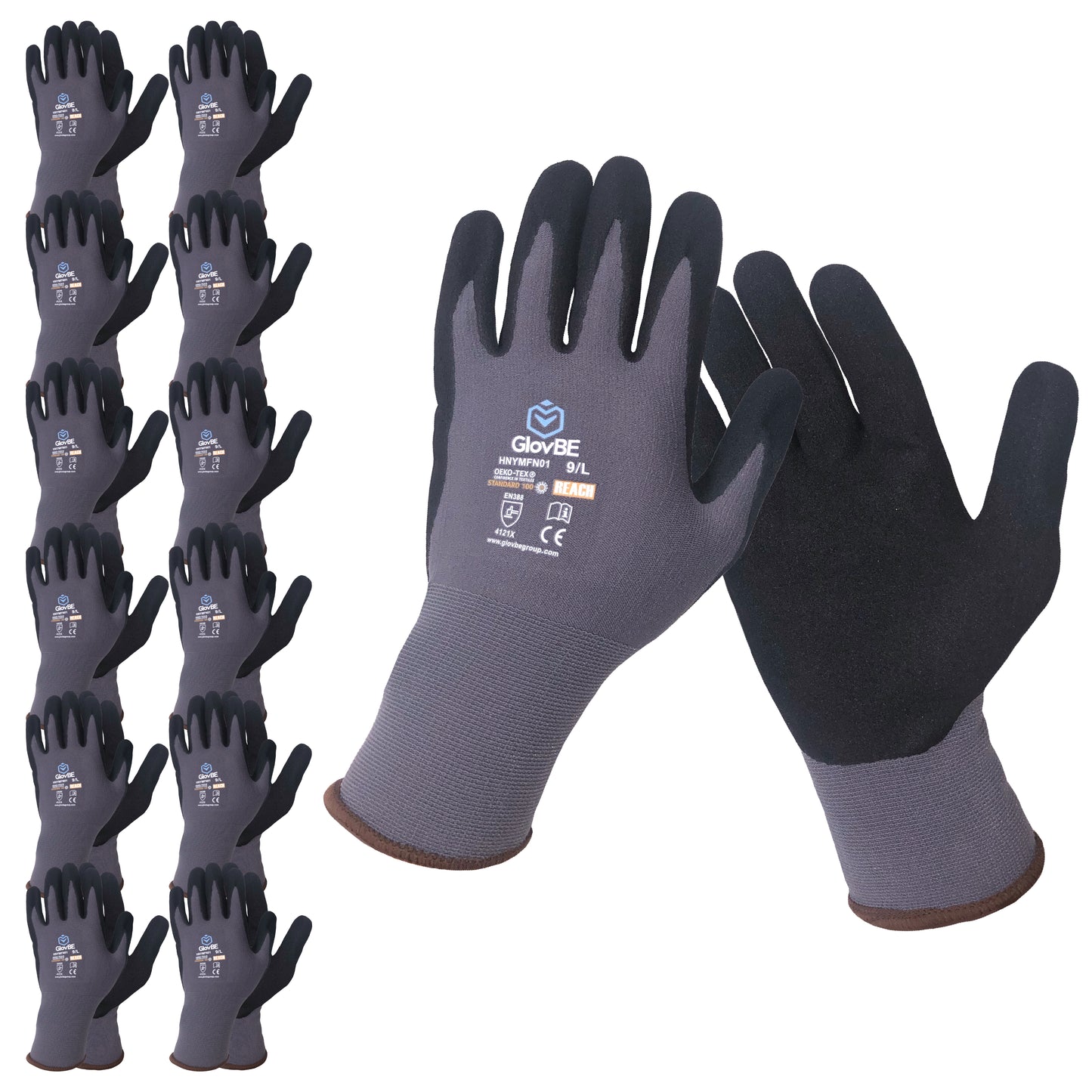 GlovBE 12 Pairs Nylon Work Gloves, Slip Resistant, Nitrile Micro Foam, Mechanic Gloves, Grey