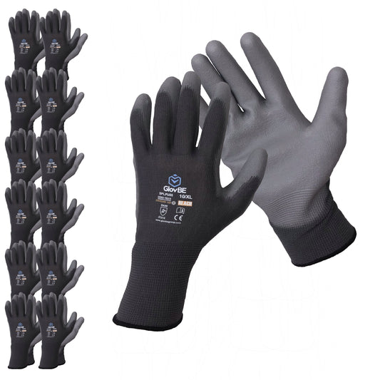 GlovBE 12 Pairs Polyester Work Gloves, Polyurethane (PU) Coated, Grey/Black