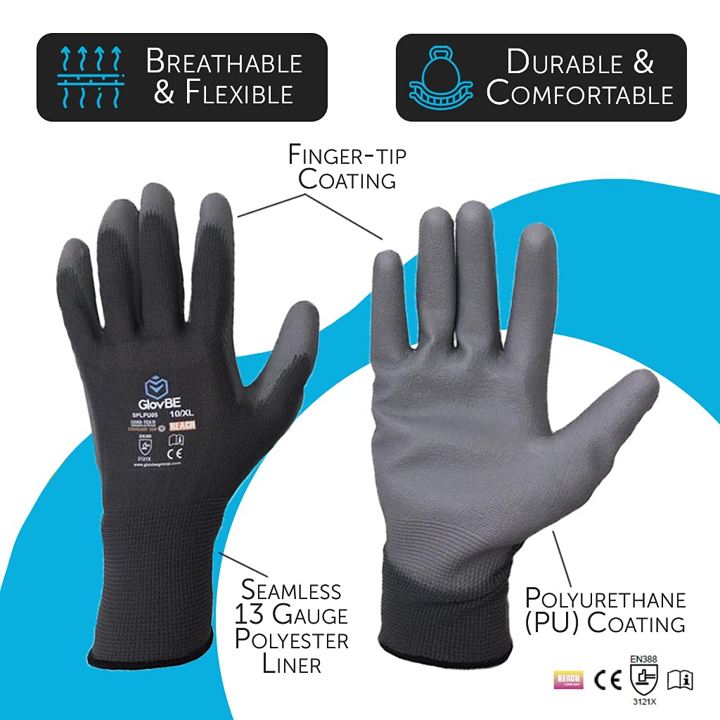 GlovBE 12 Pairs Polyester Work Gloves, Polyurethane (PU) Coated, Grey/Black