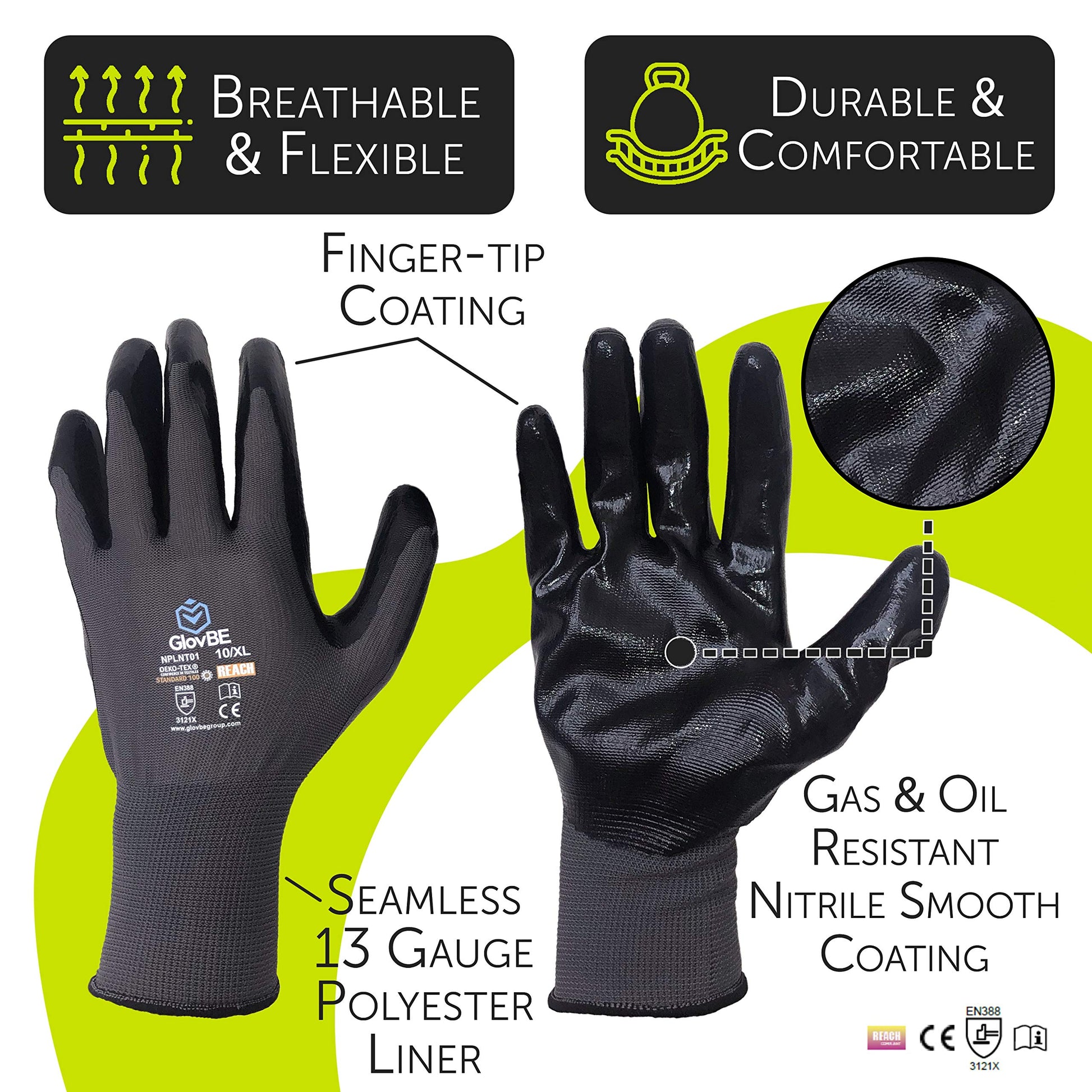 GlovBE 12 Pairs Mechanic Work Gloves, Oil Gas Resistant Nitrile Coat